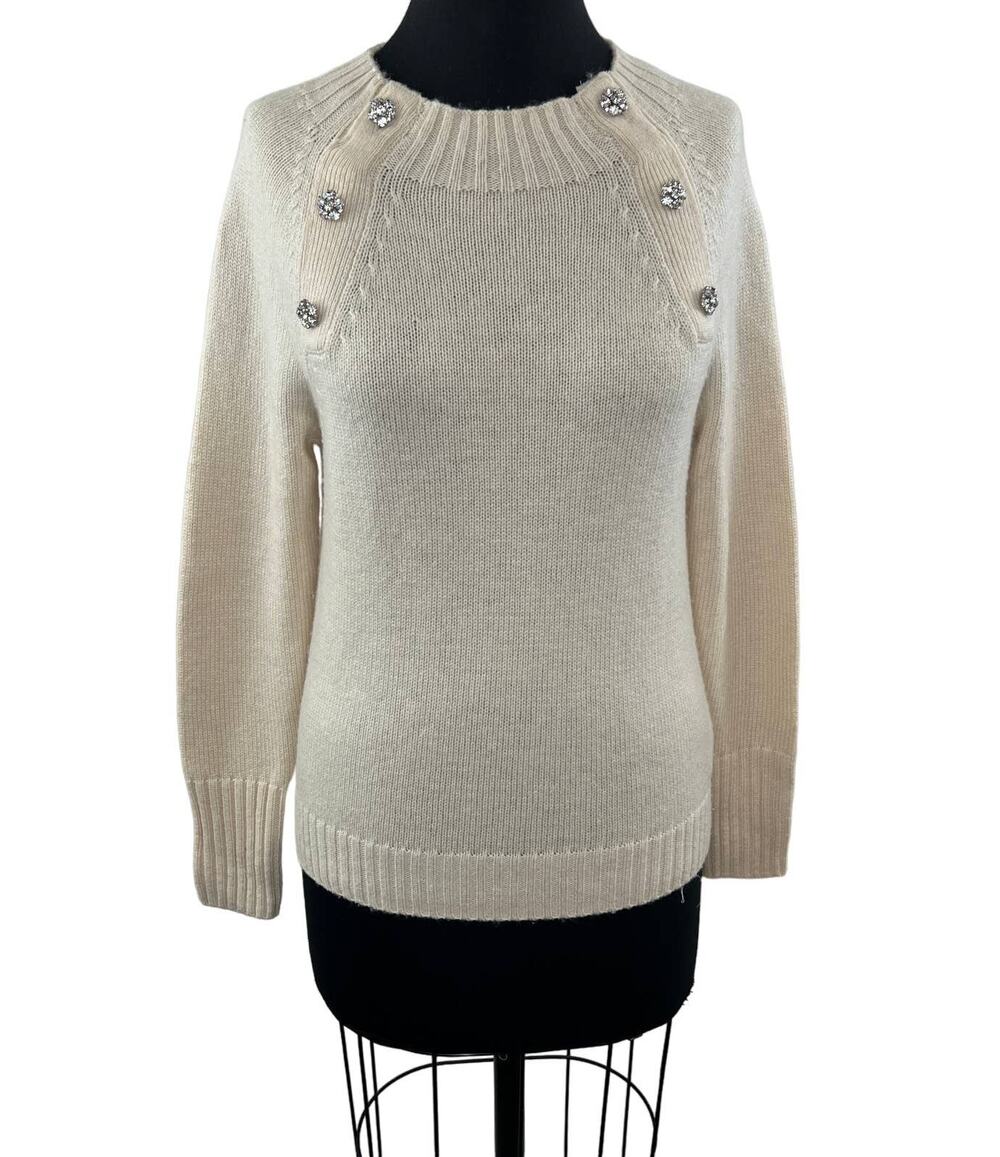 NWT J.CREW Natural Cream Crewneck Sweater Rhinestone Jewel Button Wool Blend XS